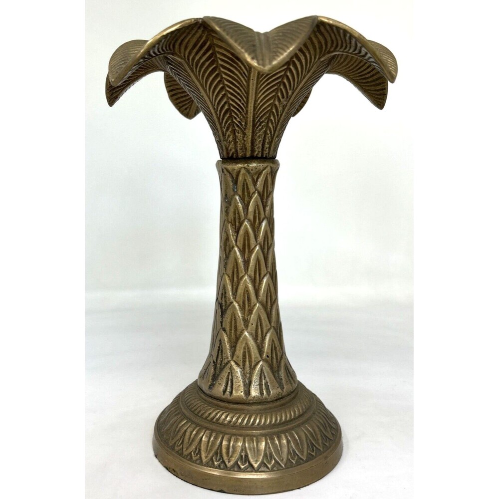 VTG 1950s Brass Palm Tree Candlestick Holder 8.5” Made in India Heavy Detailed